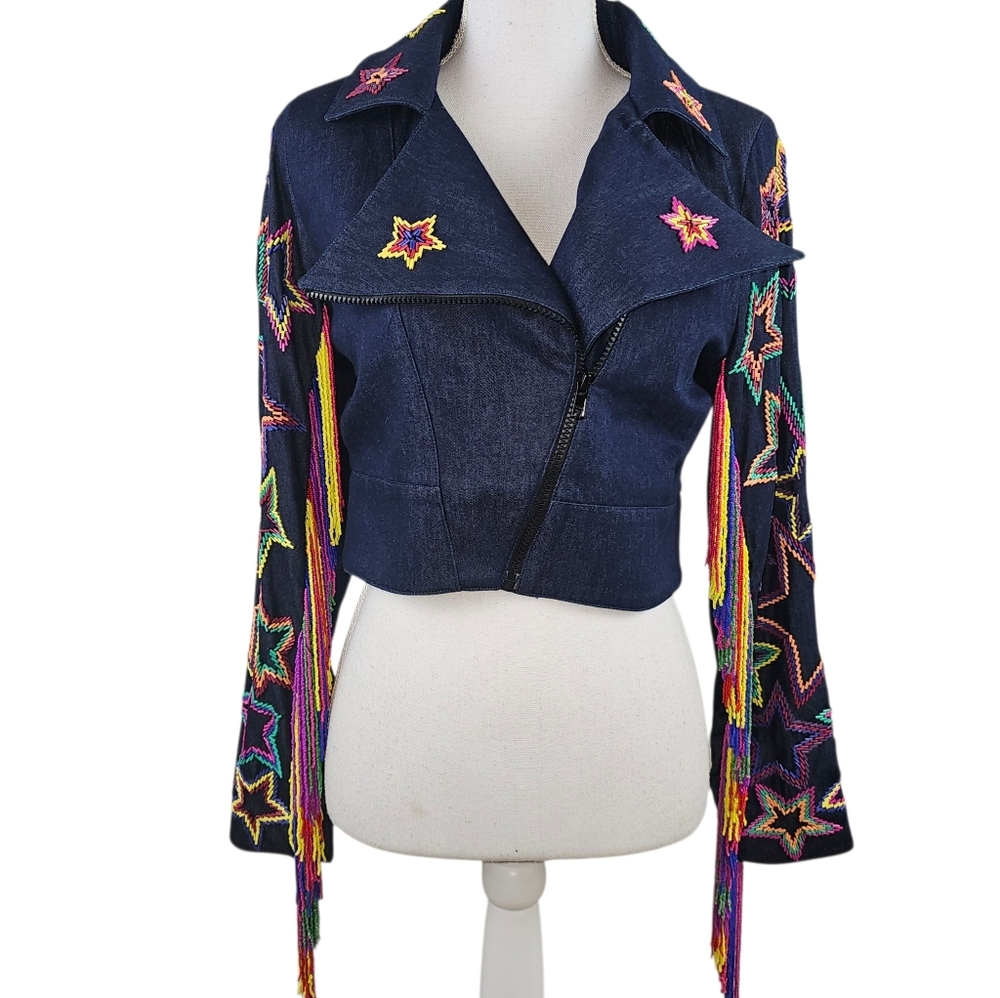 Any Old Iron Fringetastic Denim Moto Jacket In S